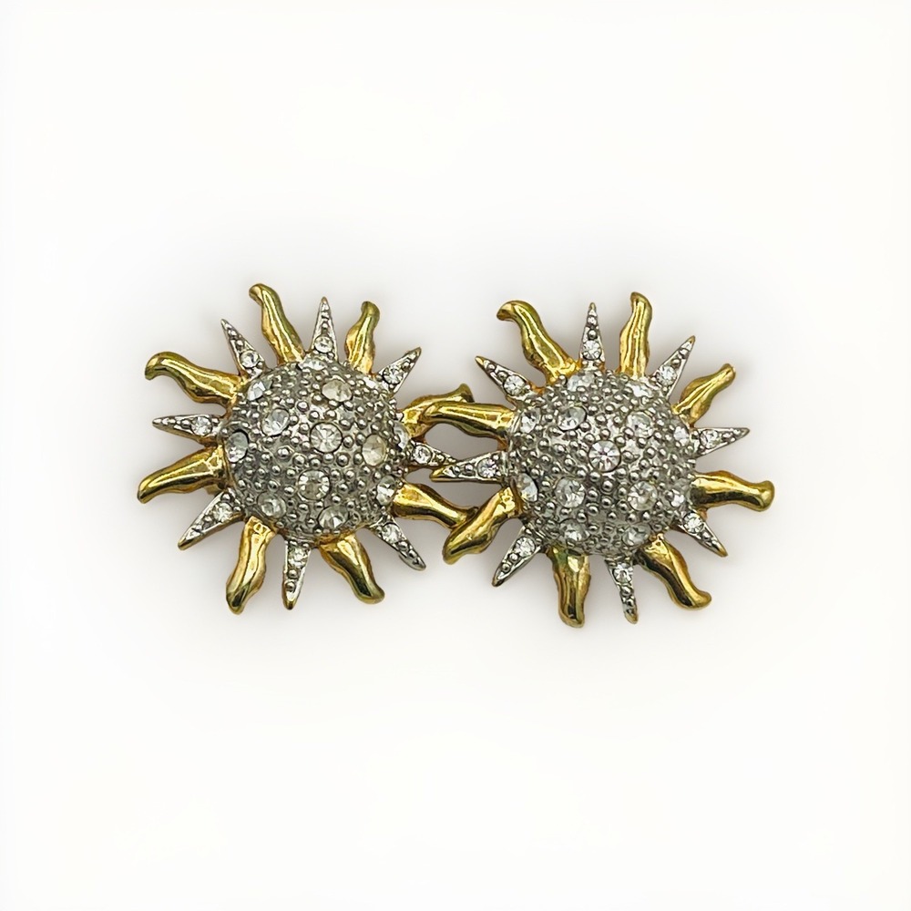 Vintage Starburst Clip-on Earrings Sun‎ Rhinestone Gold Marcasite Crystal